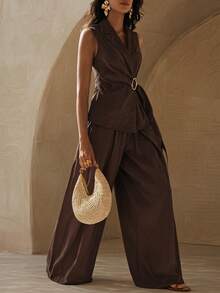 Zivah Elegant & Sophisticated Women's Autumn/Winter 2 Pieces Suit Set, Suitable For Office Wear: Metal Decor Sleeveless Blazer + Wide Leg Pants, Dark Brown - Brown - View 3