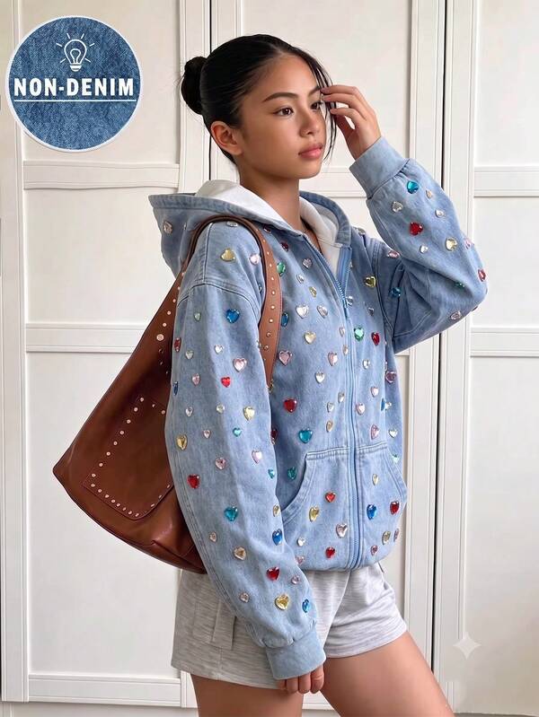 Girls' Colorful Heart Pattern Zip-Up Hooded Fleece Lined Sweatshirt Jacket, Thickened Loose Casual Blue Sweatshirt Top, Versatile Fleece Lined Sweatshirt For Elementary School Students, Autumn/Winter