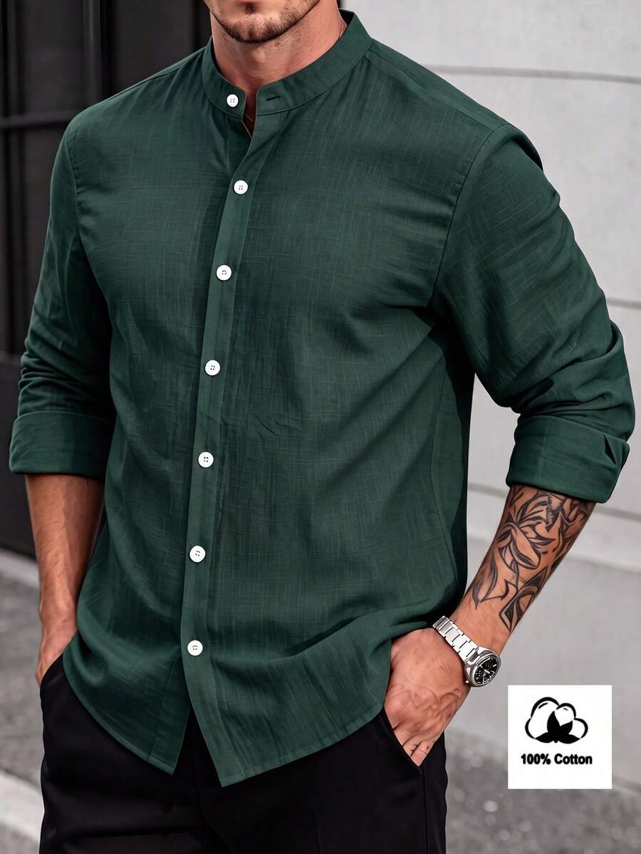 Manfinity Homme Men's Solid Color Long Sleeve Single-Breasted Casual Commuter Shirt - Dark Green - View 1