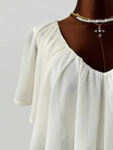 Sunspun American Street Style Sexy Pure Desire Round Neck Pullover Ruched Ruffle Asymmetrical Slightly Sheer Sleeveless Plus Size Blouse For Women - Apricot - View 4