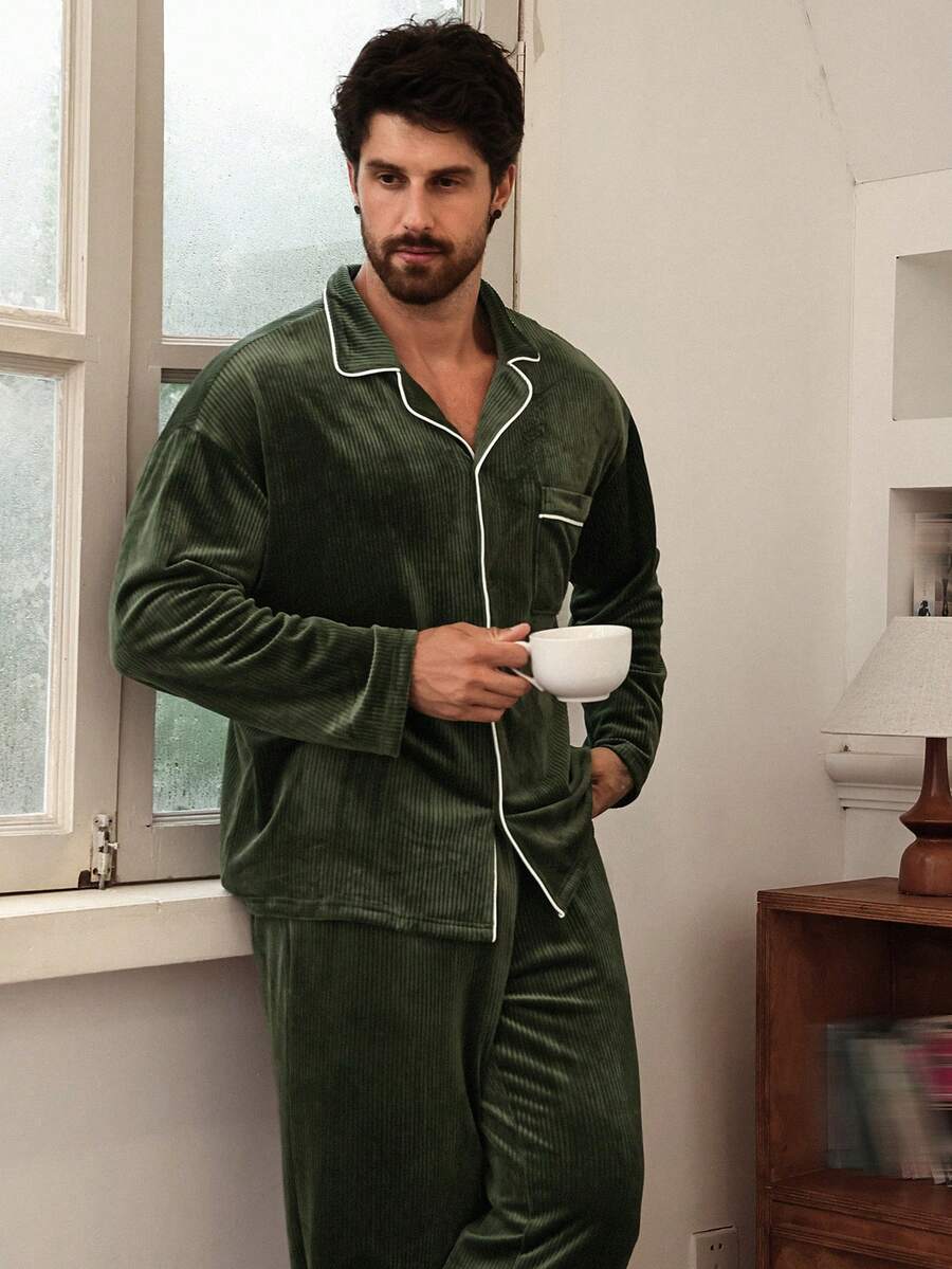 DAZY Autumn/Winter Fleece Flannel Striped Texture Contrast Color Drawstring Placket Shirt & Elastic Waist Loose Long Pants Men's Loungewear Set - Army Green - View 1