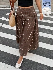 Serisse 女款波點百褶休閒日常穿著裙，度假日常棕色與白色波點，秋季衣著，演唱會穿搭，荷葉邊裙，棕色裙 - 棕色 - 查看 3