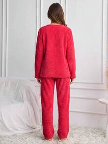 SHEIN Red Fuzzy Plush Sleeping Bear Applique Cozy Winter Homewear Pajama Set - Pink - View 3