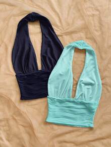 Soleia 女款純色百褶時尚百搭約會旅行掛脖上衣 - 彩色 - 查看 2