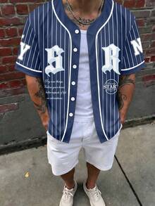 Manfinity Campus Court Men's Striped Letter Print Casual Daily Wear Shirt - Multicolor - View 4