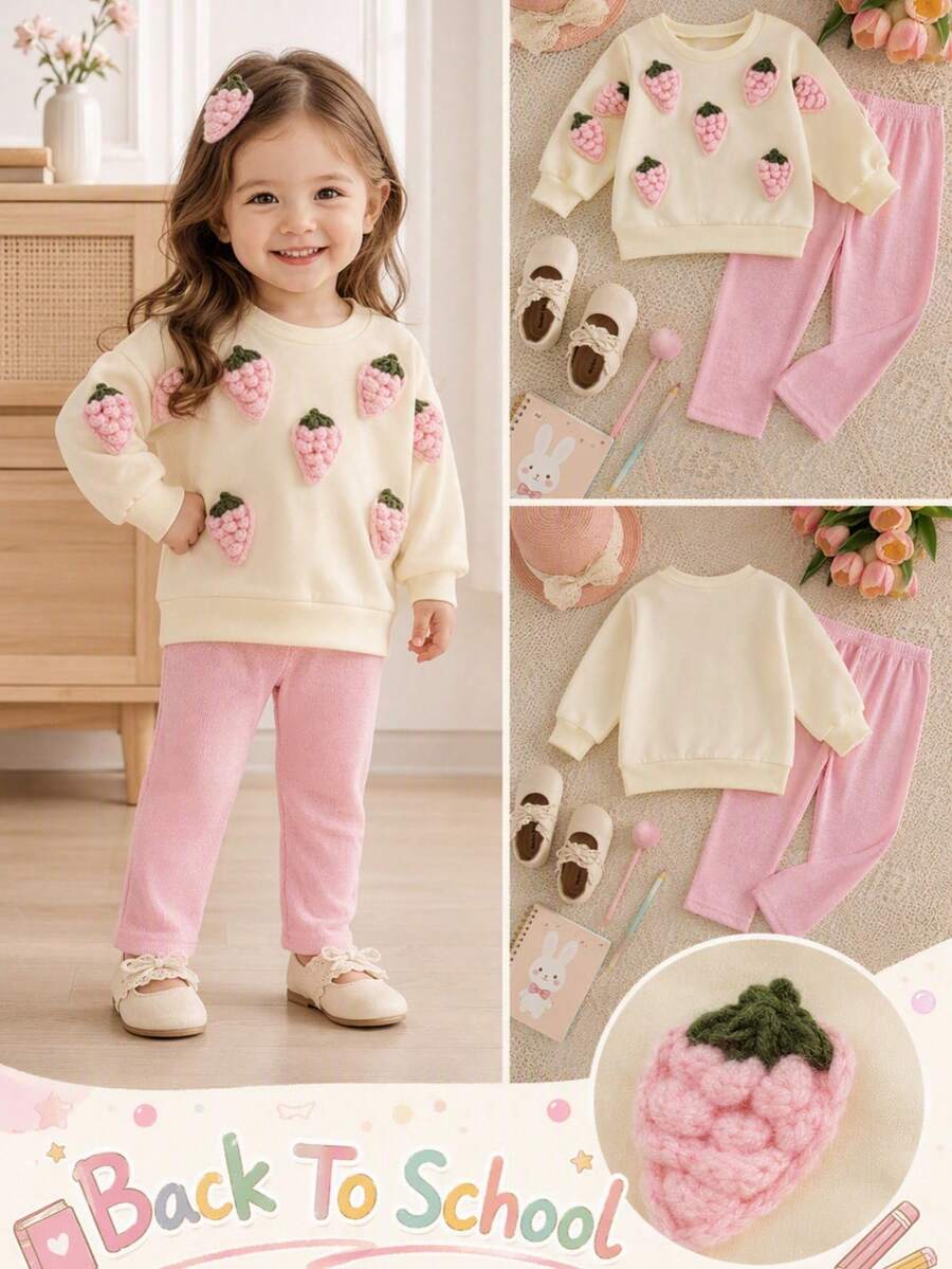 SHEIN Playful Pals 女嬰秋季兩件套,3D花卉刺繡套頭衛衣 + 粉色針織內搭褲,柔軟可愛套裝 - 粉色 - 查看 1