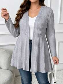 SHEIN LUNE CURVE Cardigan Rajut Lengan Panjang Warna Krem untuk Aktivitas Kasual Sehari-hari, Cocok untuk Kantor dan Perjalanan, Ukuran Besar, Awal Musim Gugur 2026 - Grey - View 3