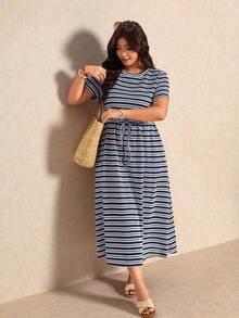 Elaquor Plus Size Vacation Casual Navy Blue Dress Vacation Summer - Navy Blue - View 5