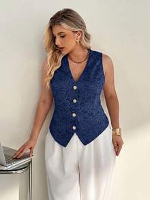 SHEIN Essnce Chaleco de encaje de color liso elegante para ir al trabajo en verano, otoño/invierno, talla grande - Azul Marino - Ver 4