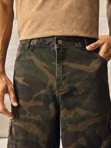 Norleigh Men's Casual Street Style Multi-Pocket Distressed Camouflage Wide Leg Denim Shorts Cargo Pants - Army Green - View 5