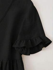 Linhara Plus Size Solid Color Linen Summer Slimming Frill Trim Holiday Summer Vacation Outing Top - Black - View 3