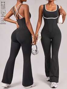 SHEIN Sports Women's Athletic Bodysuit Featuring An Open Back And Minimalist, Contrasting-Color Crisscross Straps - Black and White - View 1