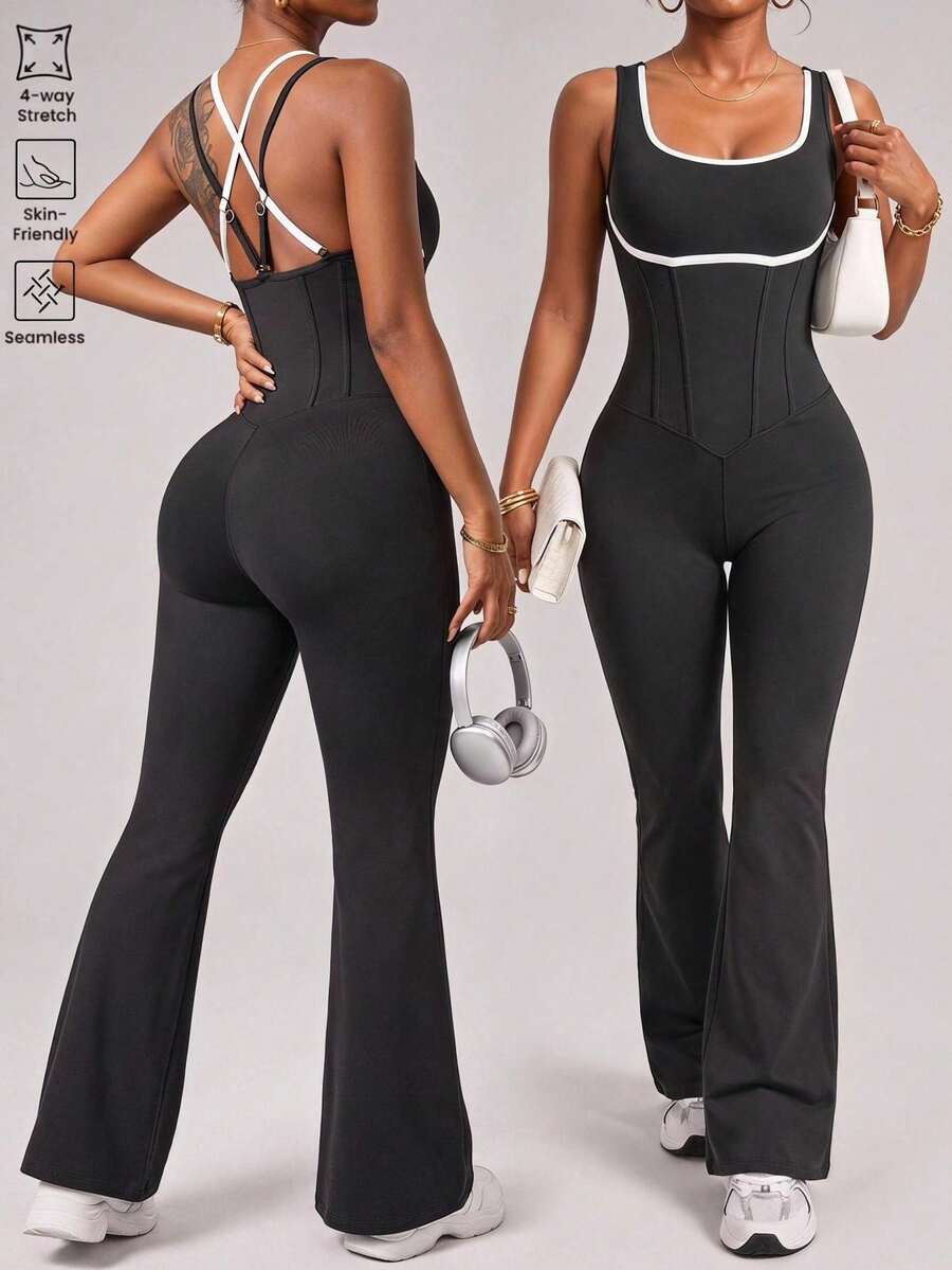 SHEIN Sports Women's Athletic Bodysuit Featuring An Open Back And Minimalist, Contrasting-Color Crisscross Straps - Black and White - View 1