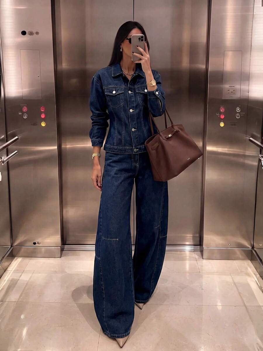 Firerie Women's Long Sleeve Single-Breasted Denim Jacket And Jeans Casual Set Fall/Winter