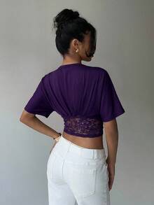 Aloruh Women's Spring/Summer Sexy Deep V-Neck Loose Top With Ruched Waist And Lace Patchwork T-Shirt - Purple - View 2