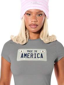 SUMWON WOMEN Made In America 車牌圖案修身短版短袖圓領貼身夏季休閒T恤 - 灰色 - 查看 4