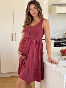 GentleRue Maternity 女款純色極簡休閒無袖哺乳洋裝，適合日常穿著、寶寶派對、正式場合與夏季 - 酒紅色 - 查看 2