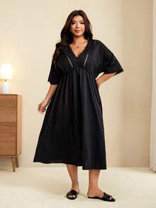 Edennvi Women's Plus Size Solid Color Contrast Lace Batwing Sleeve Elegant Casual Dress, Summer Vacation Formal Black - Black - View 5