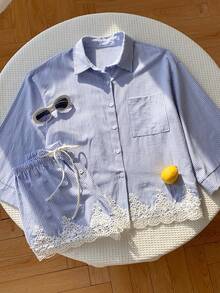 Comfortcana 女款夏季新款休閒度假白色編織襯衫短褲套裝 秋季休閒套裝 女款上班穿搭 基礎款返校穿搭 - 藍色 - 查看 7