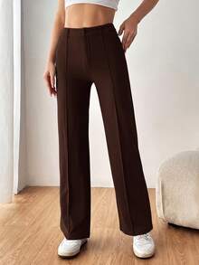 SHEIN EZwear 女款純色直筒西裝長褲 秋冬款 - 棕色 - 查看 5