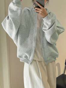 INAWLY Plus Size Women's Solid Color Drop Shoulder Long Sleeve Zipper Front Drawstring Hooded Sweatshirt - Light Grey - View 3