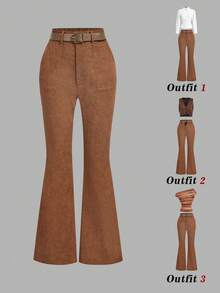 SHEIN MOD 女款純色休閒 1960 年代復古 70 年代百搭日常喇叭褲 職場辦公 深棕色 冬季．萬聖節．開學季 - 摩卡棕 - 查看 1
