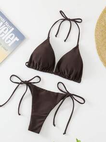 Swim Basics Solid Color Sexy Tie-Up Bikini Swimwear Set For Women, Beach Wear For Summer Beach Vacation - Coffee Brown - View 5