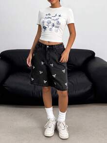 SHEIN Teen Girl Bow Embroidery Pocket Casual Denim Shorts - Black - View 3