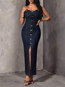 SHEIN Unity Women's Single-Breasted Slim Fit Elegant Spaghetti Strap Denim Dress - Blue - View 4