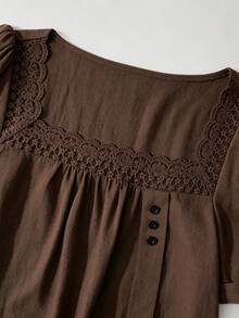 Balvessa White Square Neck Lace Patchwork Casual Blouse For Women - Coffee Brown - View 5