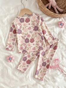 新生女嬰可愛卡通與花卉圖案長袖居家服套裝 秋季 - 彩色 - 查看 2