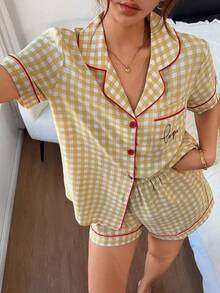Napfluff Women's Contrast Trim Yellow Plaid Print Pocket Heart Embroidery Lapel Shorts Pajama Set - Yellow - View 3