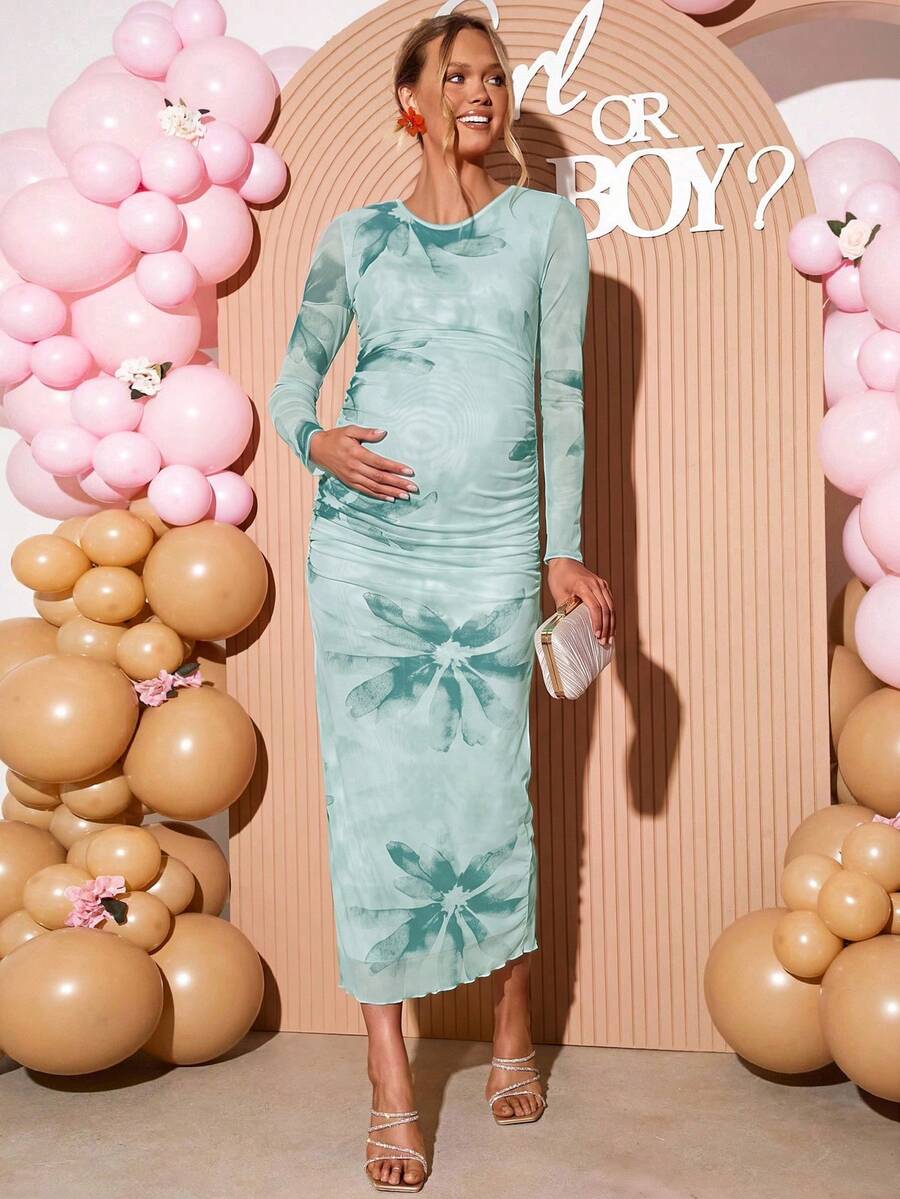Loomaby 孕婦花卉印花圓領長袖修身優雅洋裝 - 綠色 - 查看 1