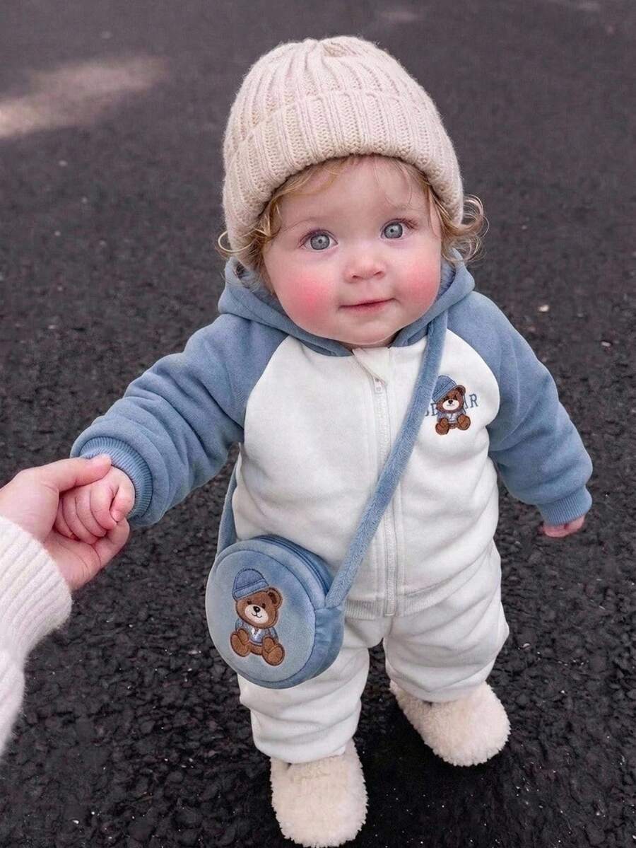 SHEIN Baby Boy Cartoon Bear Pattern Knit Soft Crew Neck Long Sleeve Pullover Sweatshirt And Elastic Waist Long Pants 2-Piece Set - Multicolor - View 1
