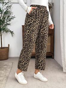 EMERY ROSE Celana Panjang Kasual Wanita Motif Leopard dengan Saku untuk Pemakaian Sehari-hari - Coklat - View 5