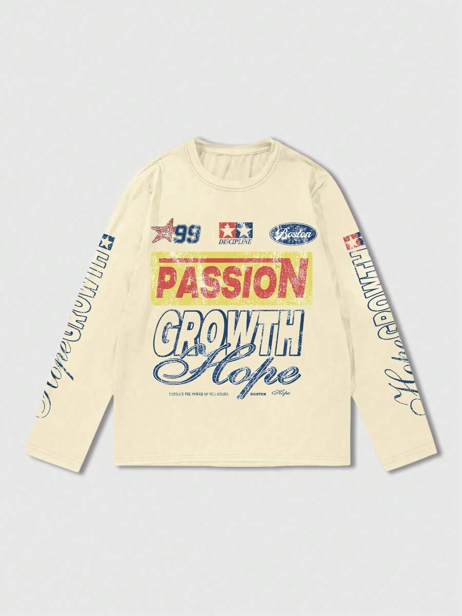 ROMWE MEN Street Life Men's Letter Print T-Shirt Suitable For Daily Wear Spring/Summer - Apricot - View 1