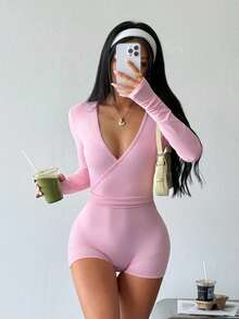 SHEIN Dewbera 女款純色深V領長袖運動連身褲 - 粉色 - 查看 6