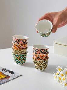 8pcs Bohemian Ikat Diamond & Zigzag Pattern Ceramic Tea Cup Set, Per Color Stackable Hand-Painted Mini Porcelain Mug, Suitable For Coffee, Kung Fu Tea, Home Gift - Multicolor - View 11