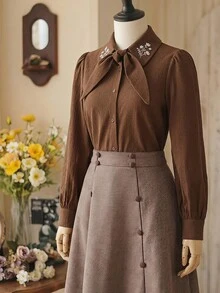 Vintamour Vintage Elegant Women's Blouse With Ditsy Floral, Embroidery, Bow Tie, Turn-Down Collar, Buttons, Casual Commute Holiday Festival Top - Brown - View 3