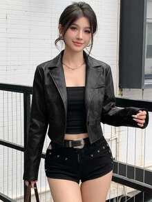 DAZY 秋季長袖深黑色PU皮革夾克，寬鬆休閒街頭戶外Y2K短版女款夾克 - 黑色 - 查看 4