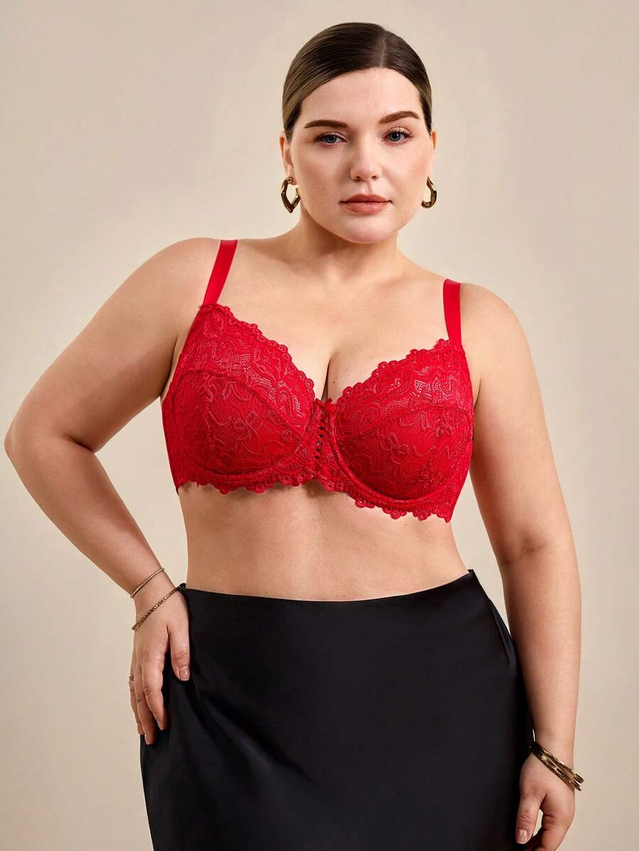 Hourtrue Plus Size Red Lace Bra, Comfortable Full Coverage Unpadded Bra With Front Hollow Tie Design