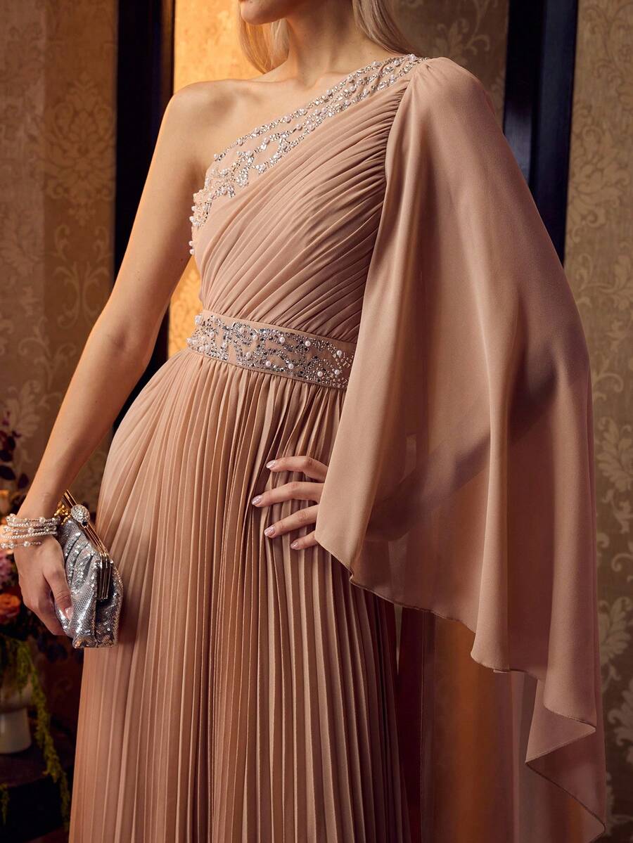 MOTF Soiréza ELEGANT ONE SHOULDER PLEATED MAXI GOWN WITH RHINESTONE & PEARL EMBELLISHED BODICE FOR WEDDING,PARTY