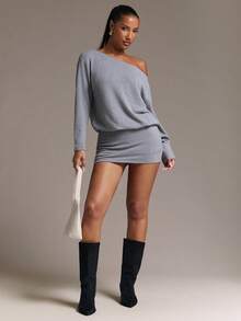 SHEIN BAE Women's Vacation Asymmetrical Neck Fashion Long Sleeve Sexy Dress - Light Grey - View 4