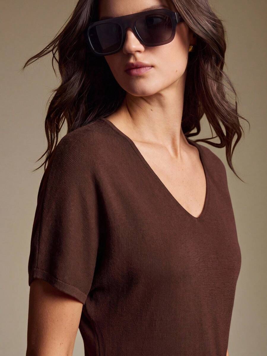 Ontre 2026 New Summer Women's Fitted Waist Dark Brown Batwing Sleeve Knit Sweater Top, V-Neck Asymmetrical Hem With Side Slit, Casual Commute Urban Modern Minimalist Elegant Tea Party Independence Day Old Money Style Teacher Outfit Office Wear Holiday Outfit Vacation Date Outing Fashion Versatile Women's Sweater