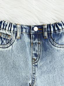 SHEIN 男嬰秋冬復古藍色丹寧刷毛內裡寬鬆長褲 - 淺色水洗藍 - 查看 4