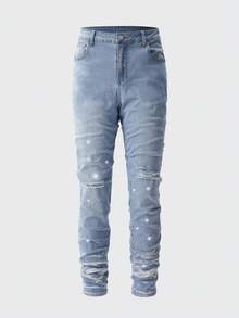 ROMWE MEN Men's Distressed Denim Jeans With Pocket And Rhinestone - Blue - View 3
