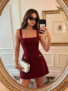 Sweetra Women's Solid Color Elegant Waist-Cinching Party Dress - Burgundy - View 2