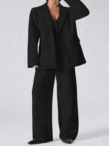 LYSMO Plus Size Women's Solid Color Single-Breasted Blazer Vest, Long Sleeve Jacket And Pants Suit Set - Black - View 4
