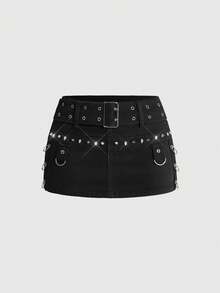 ROMWE Grunge Punk Indie Sleaze Dark Gothic Punk Metal Rivet Ring Design Fitted Bodycon Denim Skirt - Black - View 1