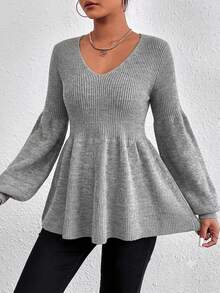 Cloudara Lantern Sleeve Peplum Sweater - Light Grey - View 5